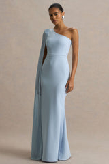 Athens | Powder Blue Asymmetric-Neck Maxi Dress With Cape Sleeve Detail