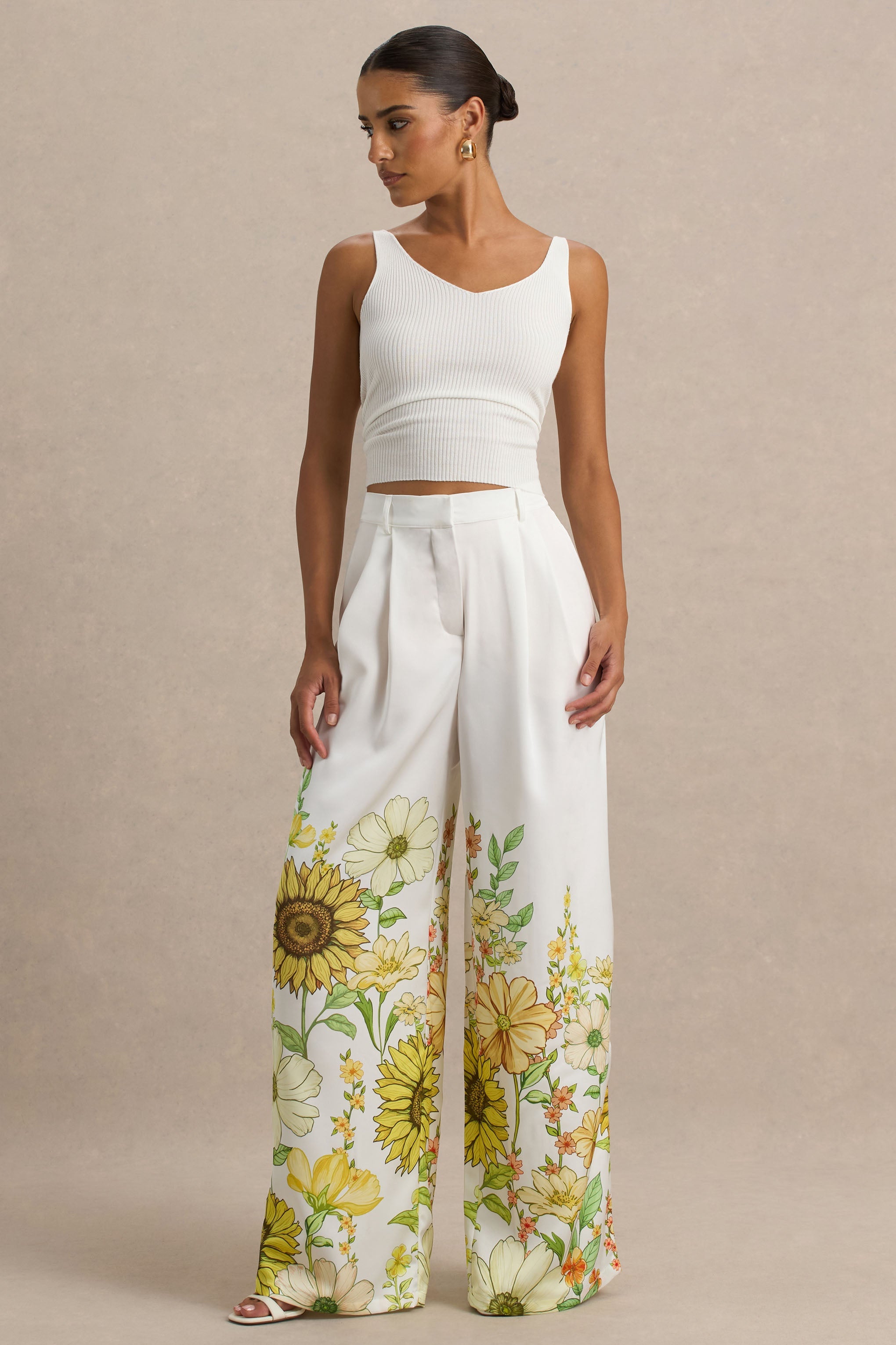 Louise | Sunflower Print Wide-Leg Trousers
