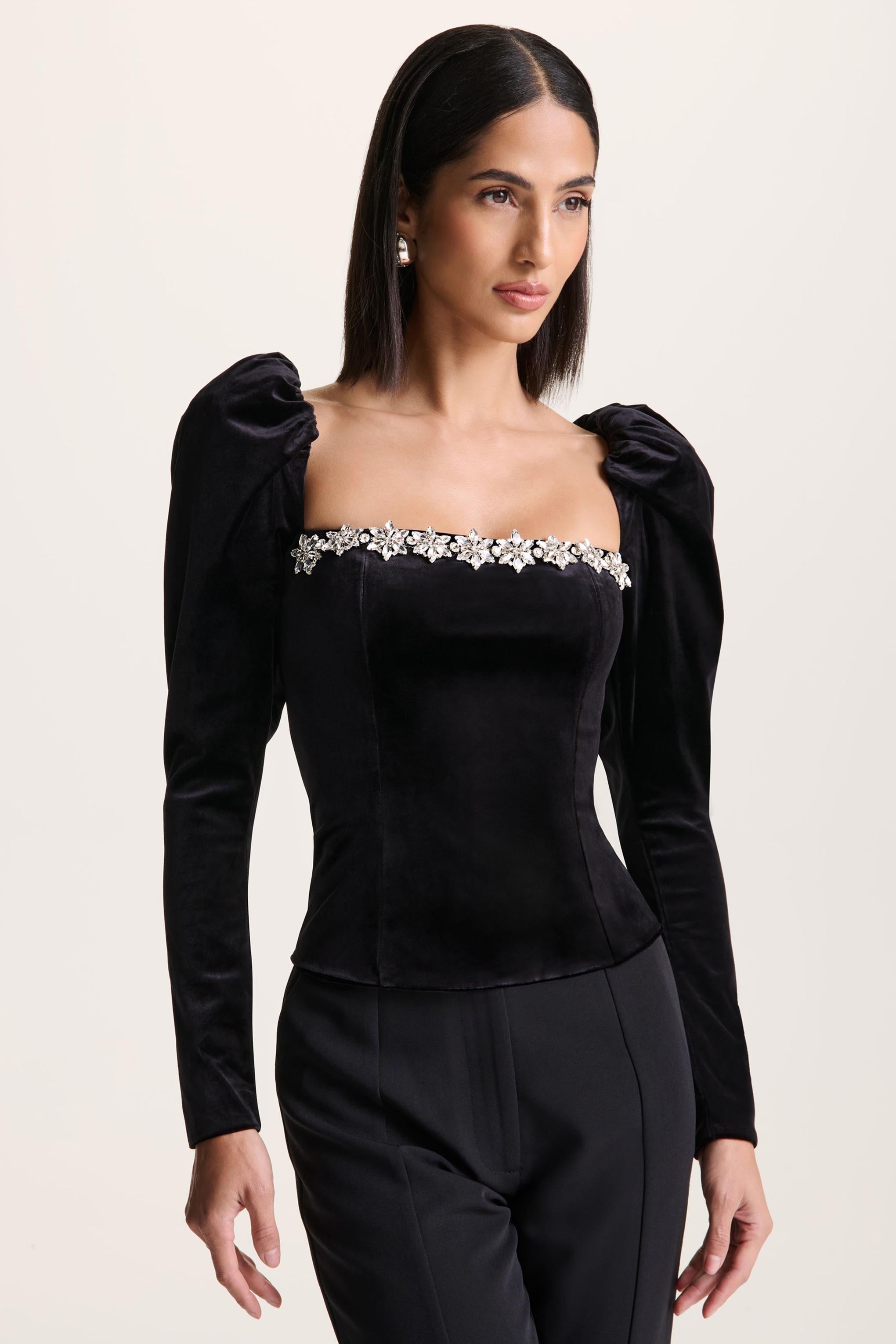 Tazmin | Black Velvet Embellished Square-Neck Top