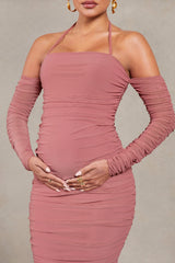 Pixie | Blush Pink Ruched Long-Sleeved Halter-Neck Maternity Midi Dress