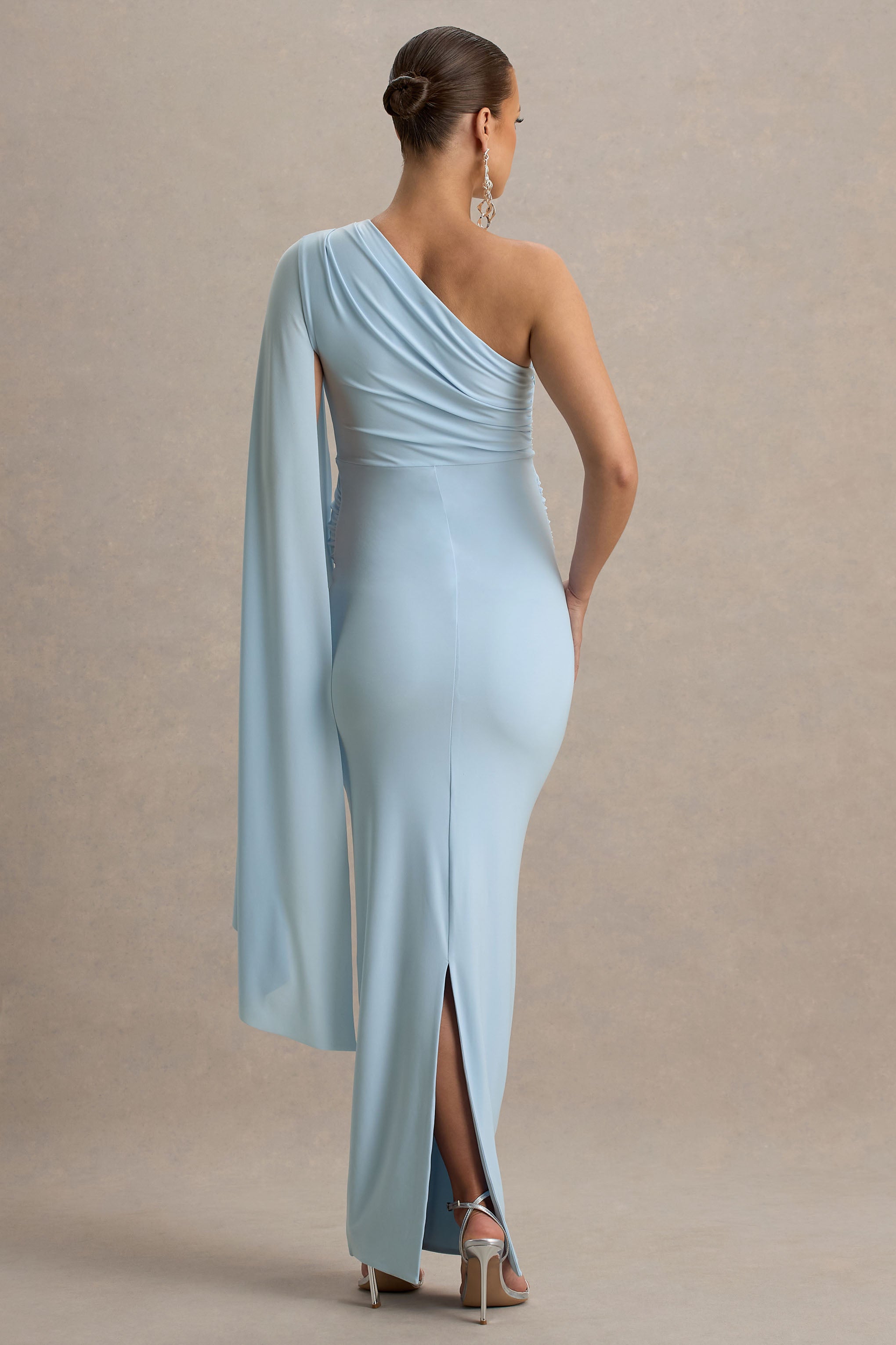 Aliana | Powder Blue Asymmetric Maternity Maxi Dress With Ruched Detailing