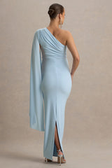 Aliana | Powder Blue Asymmetric Maternity Maxi Dress With Ruched Detailing