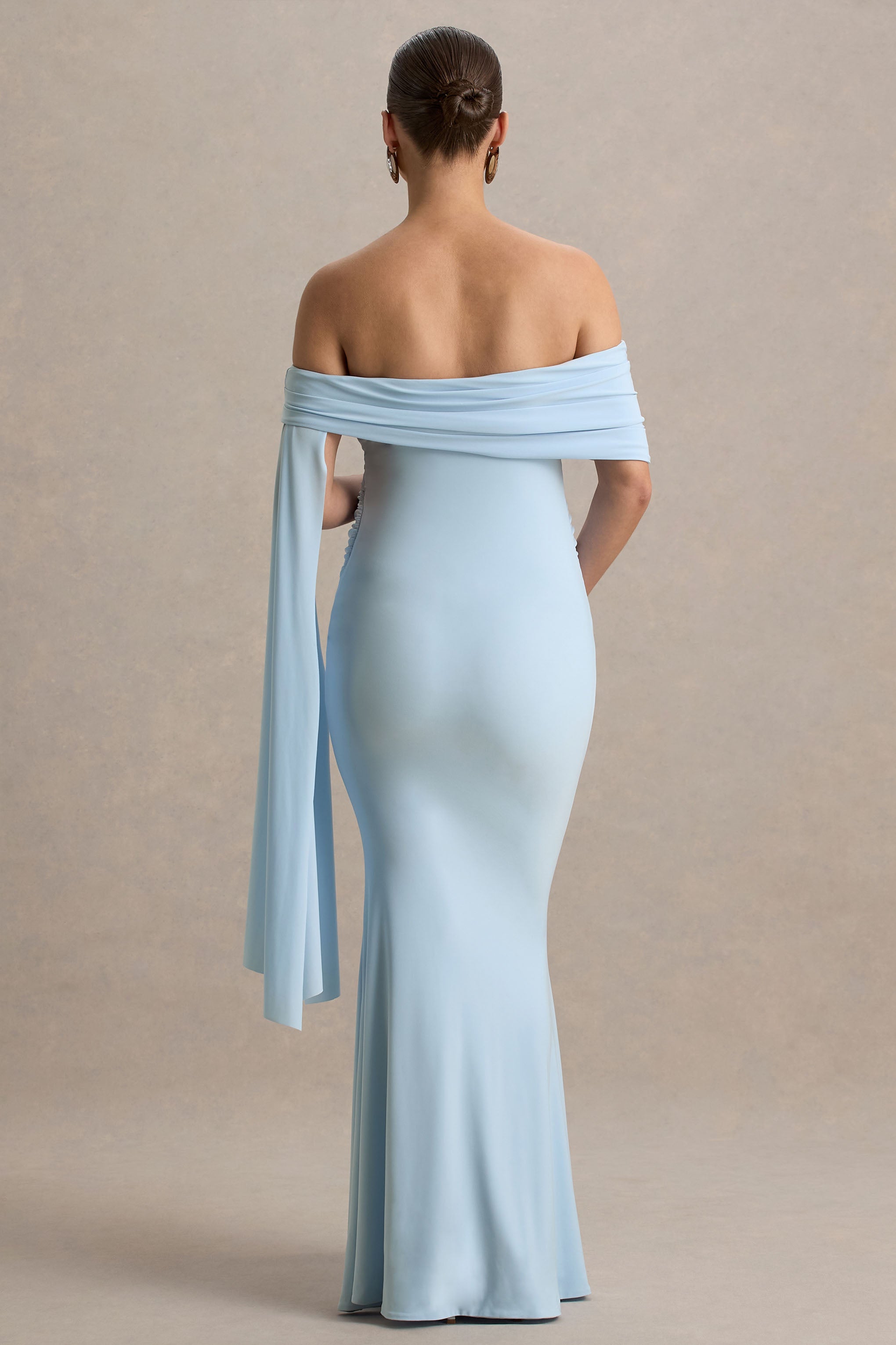 Aquila | Powder Blue Bardot Maternity Maxi Dress With Draped Detail
