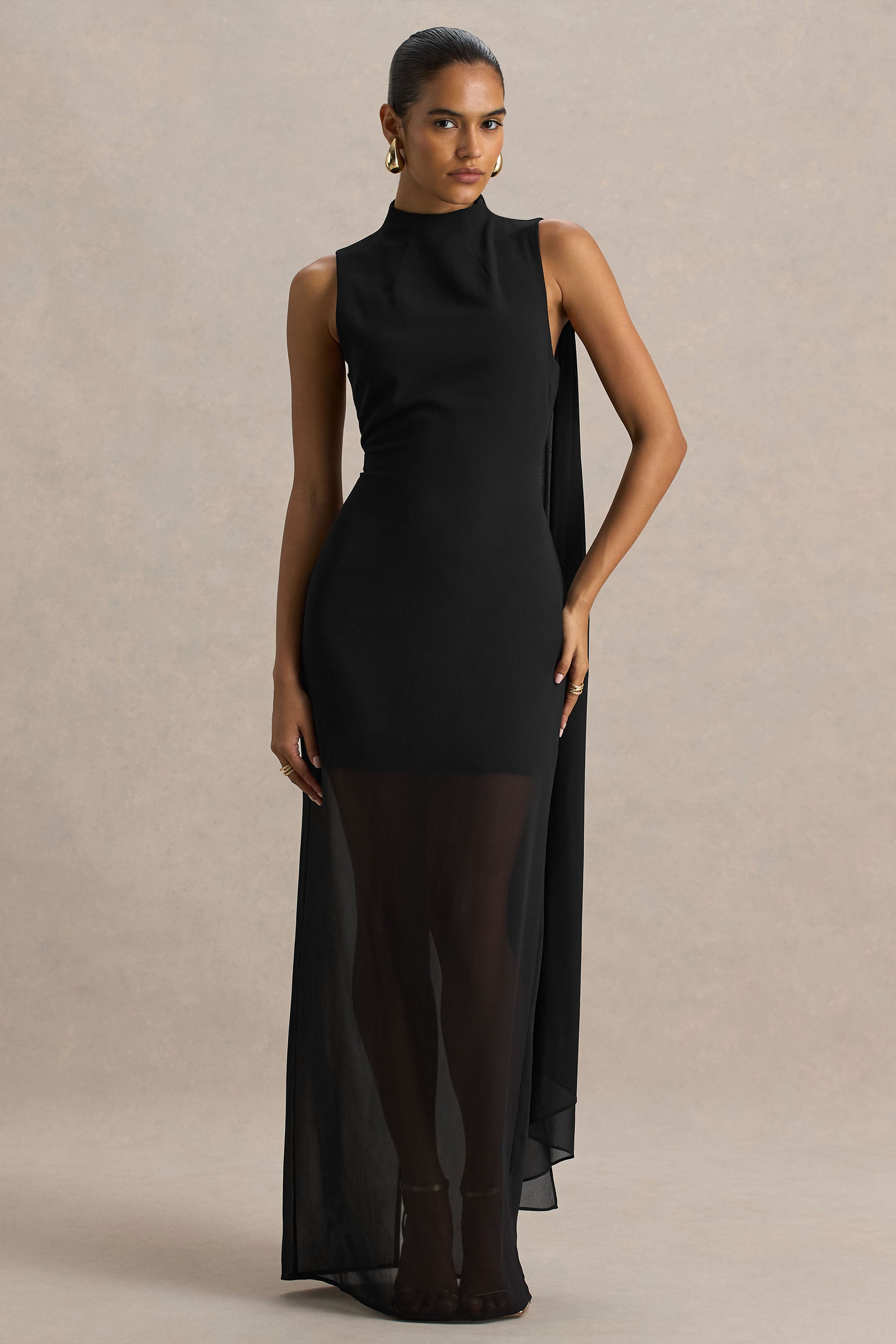 Unpredictable | Black High-Neck Maxi Dress With Back Cape Detail