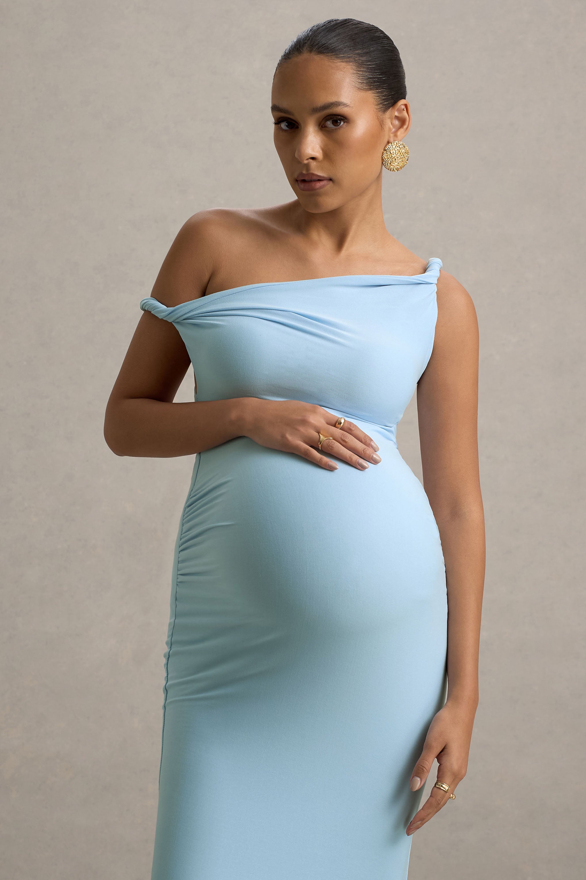 Lita | Powder Blue Twisted Asymmetric Maternity Maxi Dress