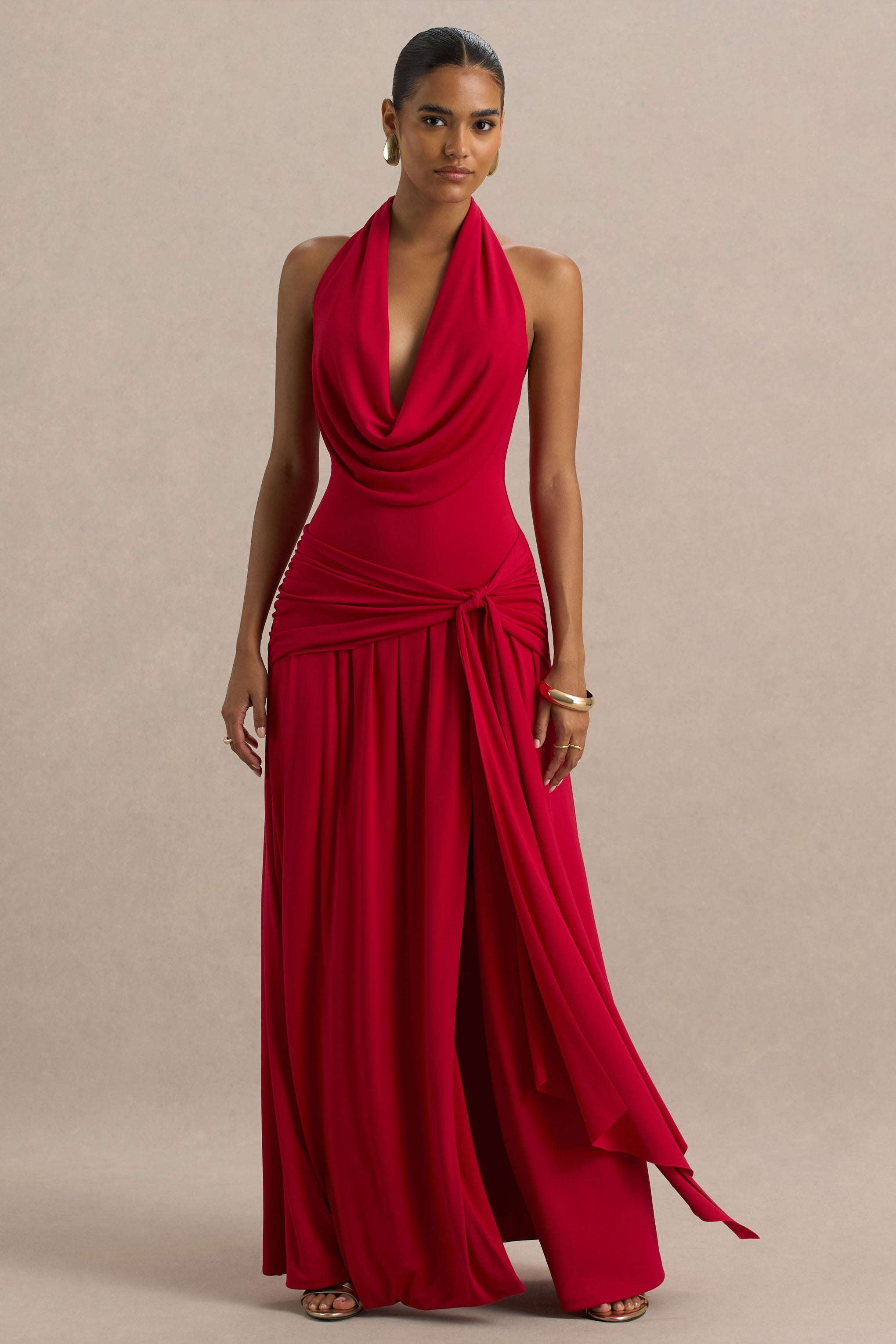 Mist | Red Plunge-Neck Maxi Dress With Knot-Detail And Open-Back