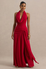 Mist | Red Plunge-Neck Maxi Dress With Knot-Detail And Open-Back