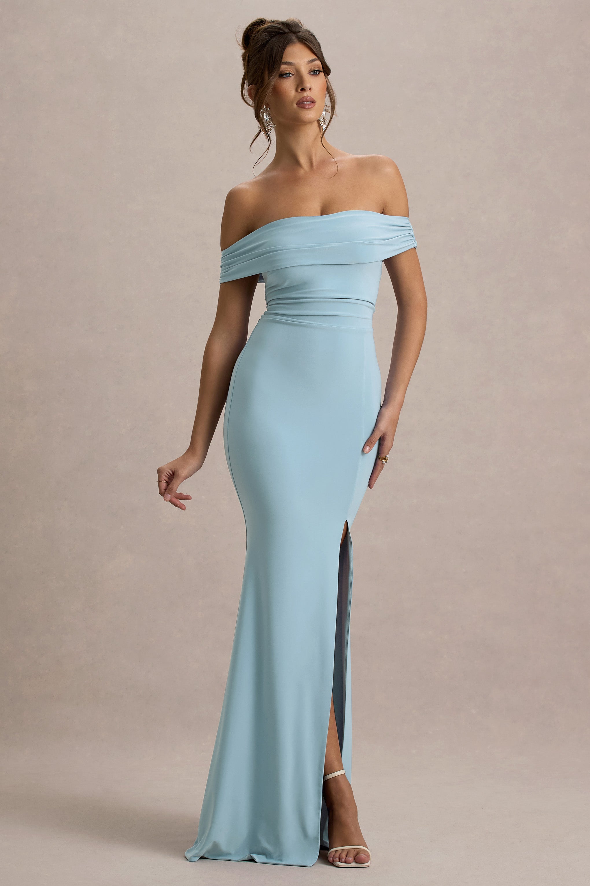 Law of Attraction | Powder Blue Bardot Draped Split Maxi Dress