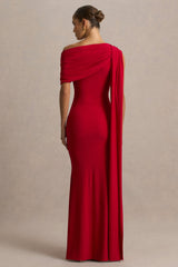 Zendaya | Red Asymmetric-Neck Fishtail Maxi Dress With Sash