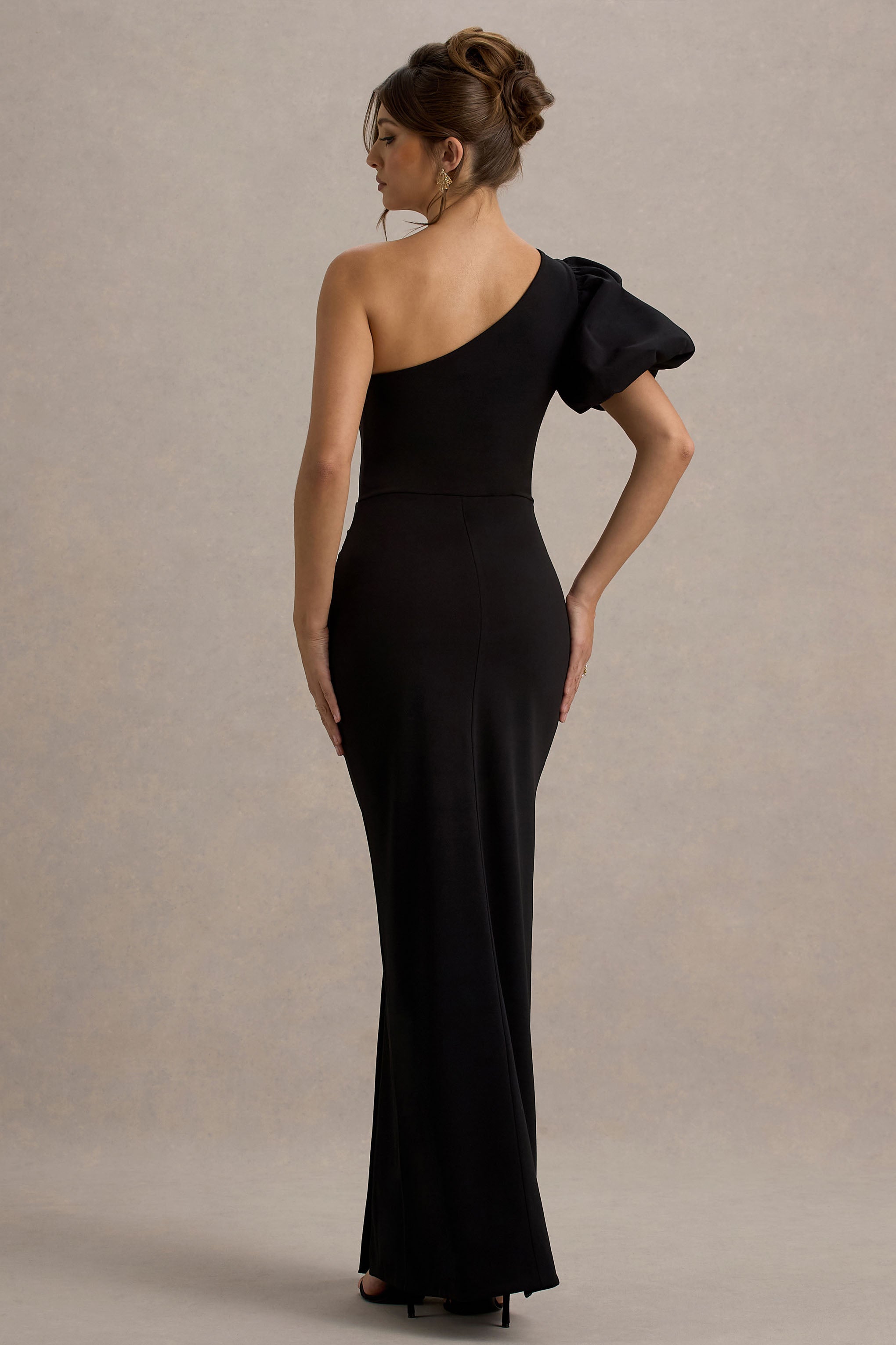 Vittoria | Black Asymmetric Puff-Sleeve Split Maxi Dress