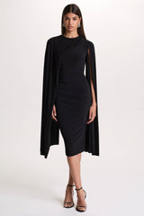 Marysol | Black Asymmetric Cape Midi Dress