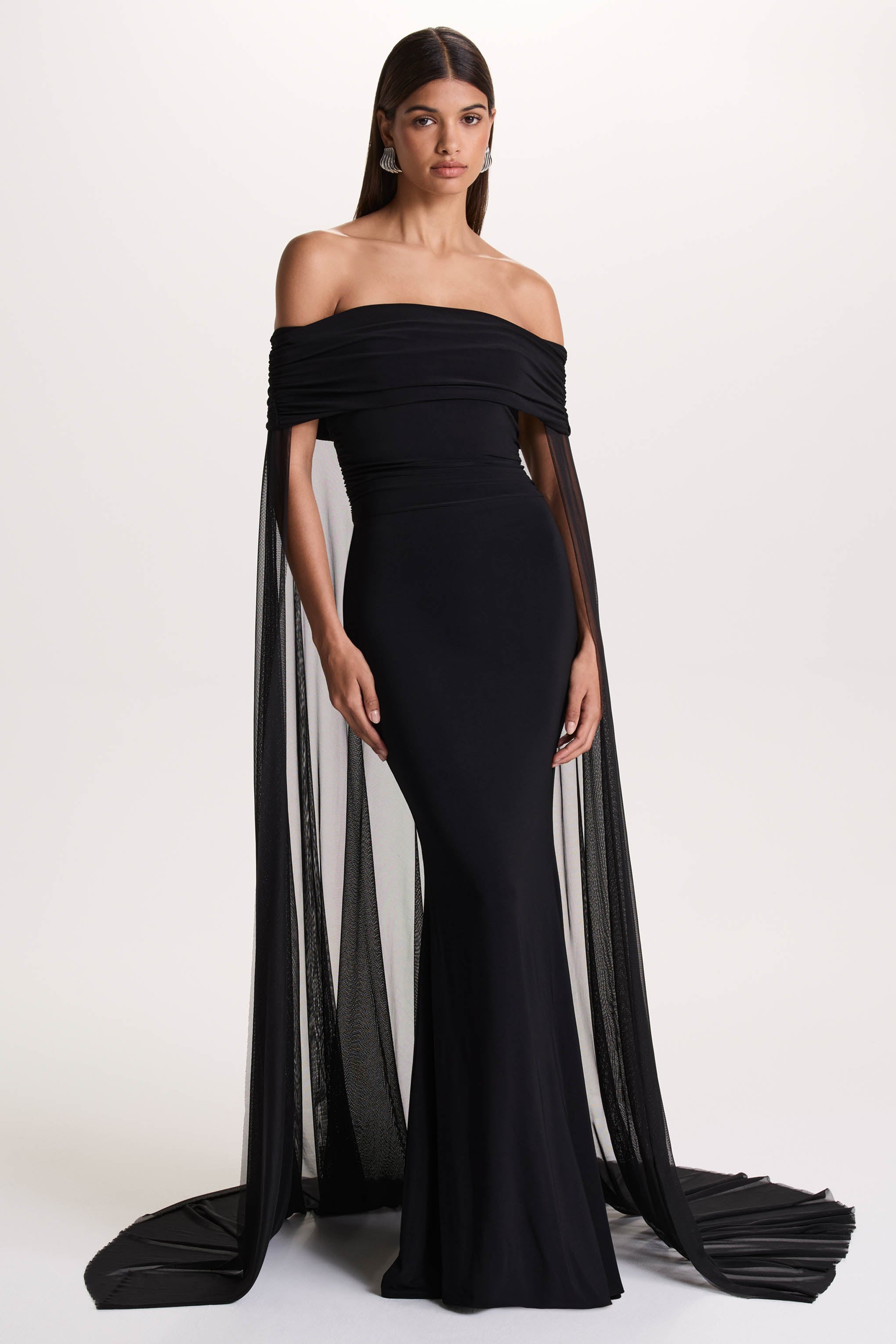 Carlotta | Black Bardot Maxi Dress With Chiffon Cape