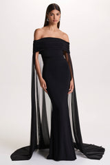 Carlotta | Black Bardot Maxi Dress With Chiffon Cape