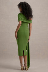 Vallea | Green One-Shoulder Draped Midi Dress
