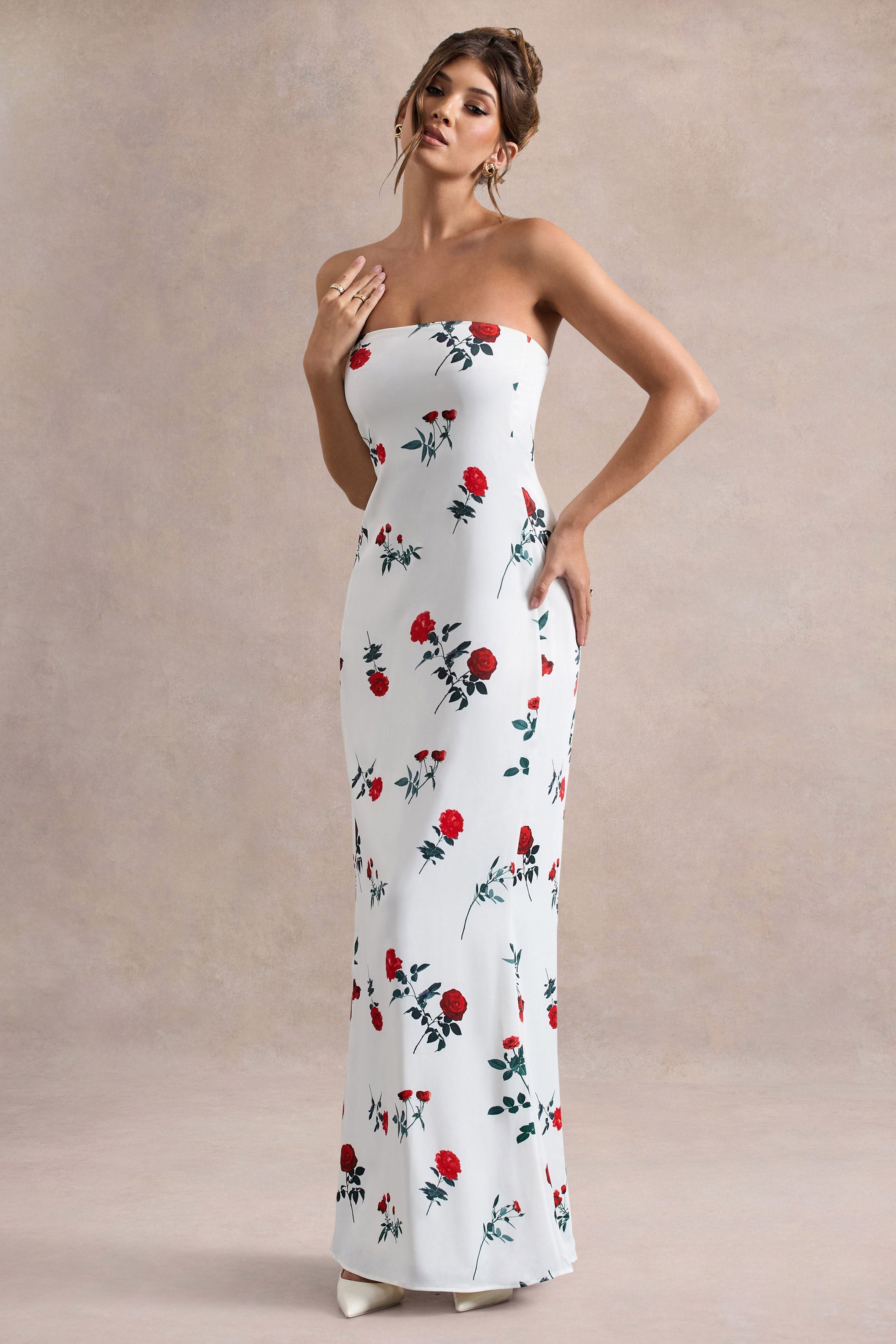 Azra | Rose Print Satin Bandeau Maxi Dress