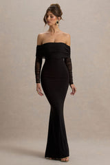 Madeleine | Black Fishtail Maxi Dress With Bardot Mesh Long Sleeves