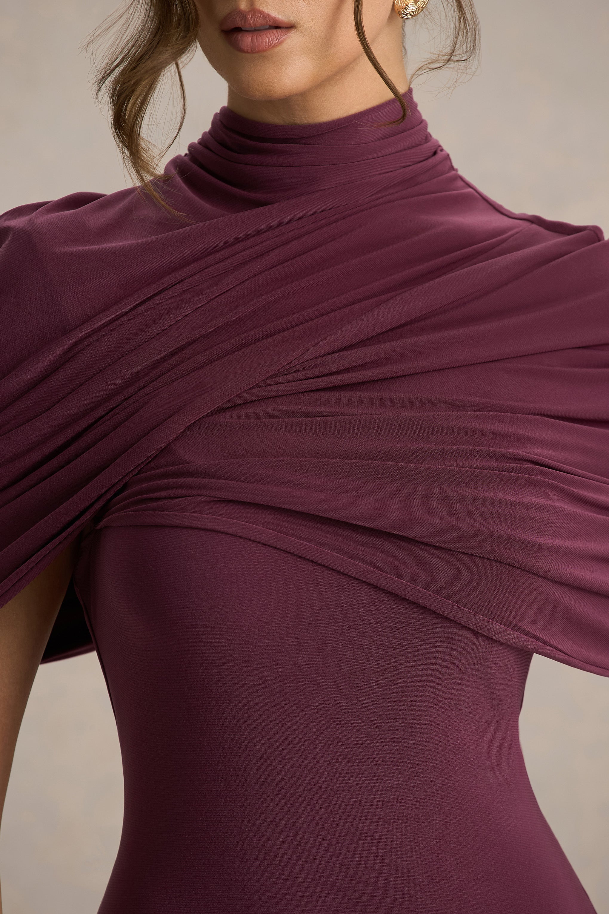 Cleora | Burgundy Twist Cape Maxi Dress