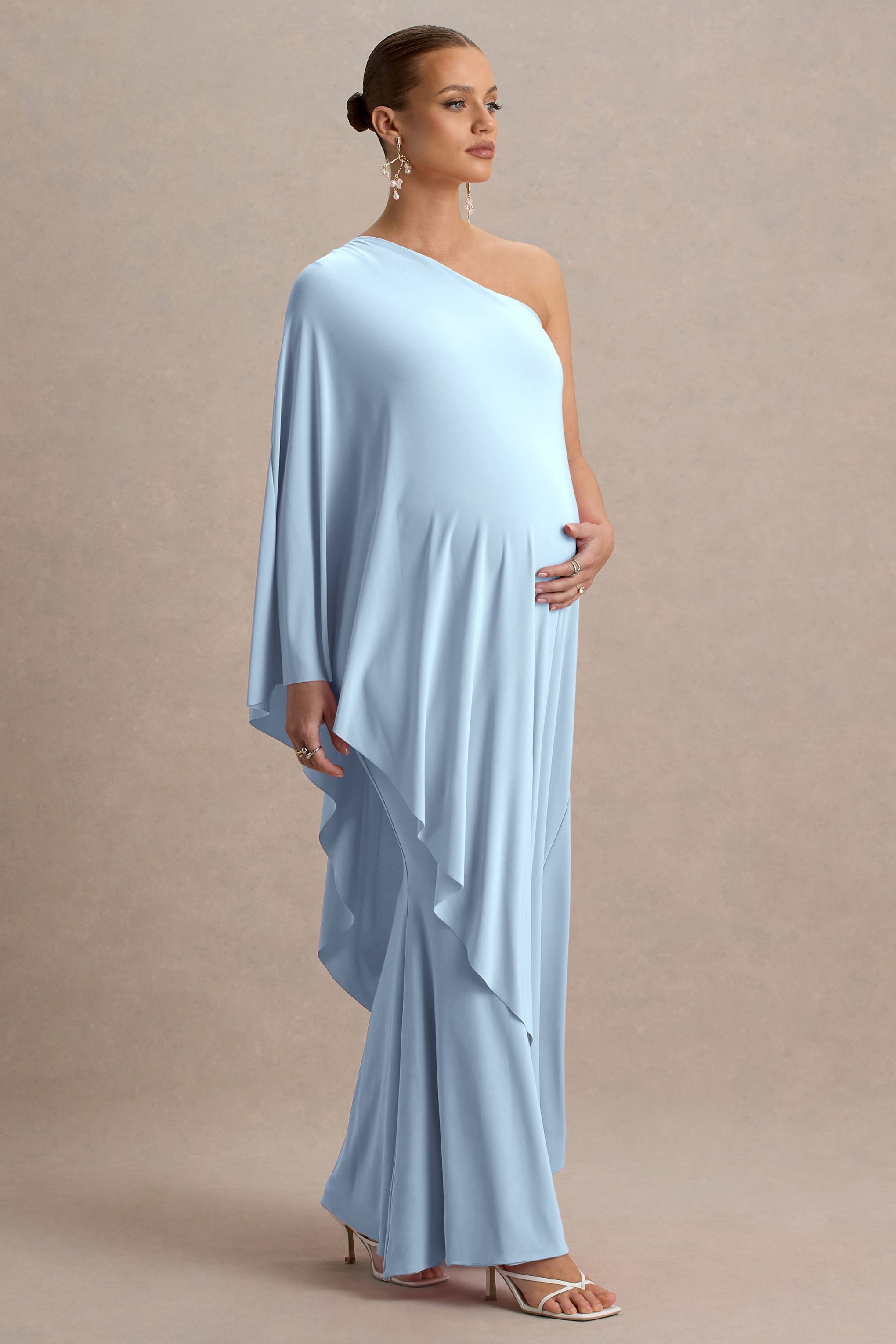 Waves | Powder Blue Asymmetric Maternity Maxi Dress With One-Sleeve Cape