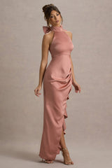 Maureen | Pink Satin High-Neck Draped Maxi Dress