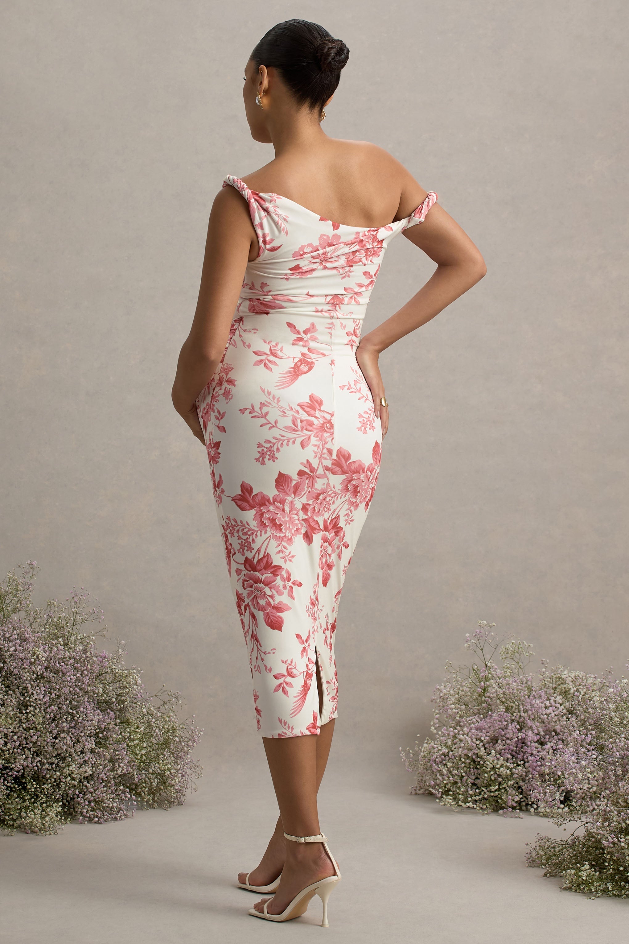 Salome | Pink Floral Print Twisted Asymmetric Maternity Midi Dress