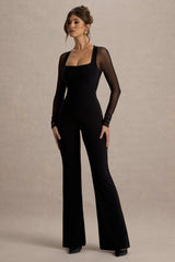 On Track | Black Flared-Leg Jumpsuit With Sheer Sleeves