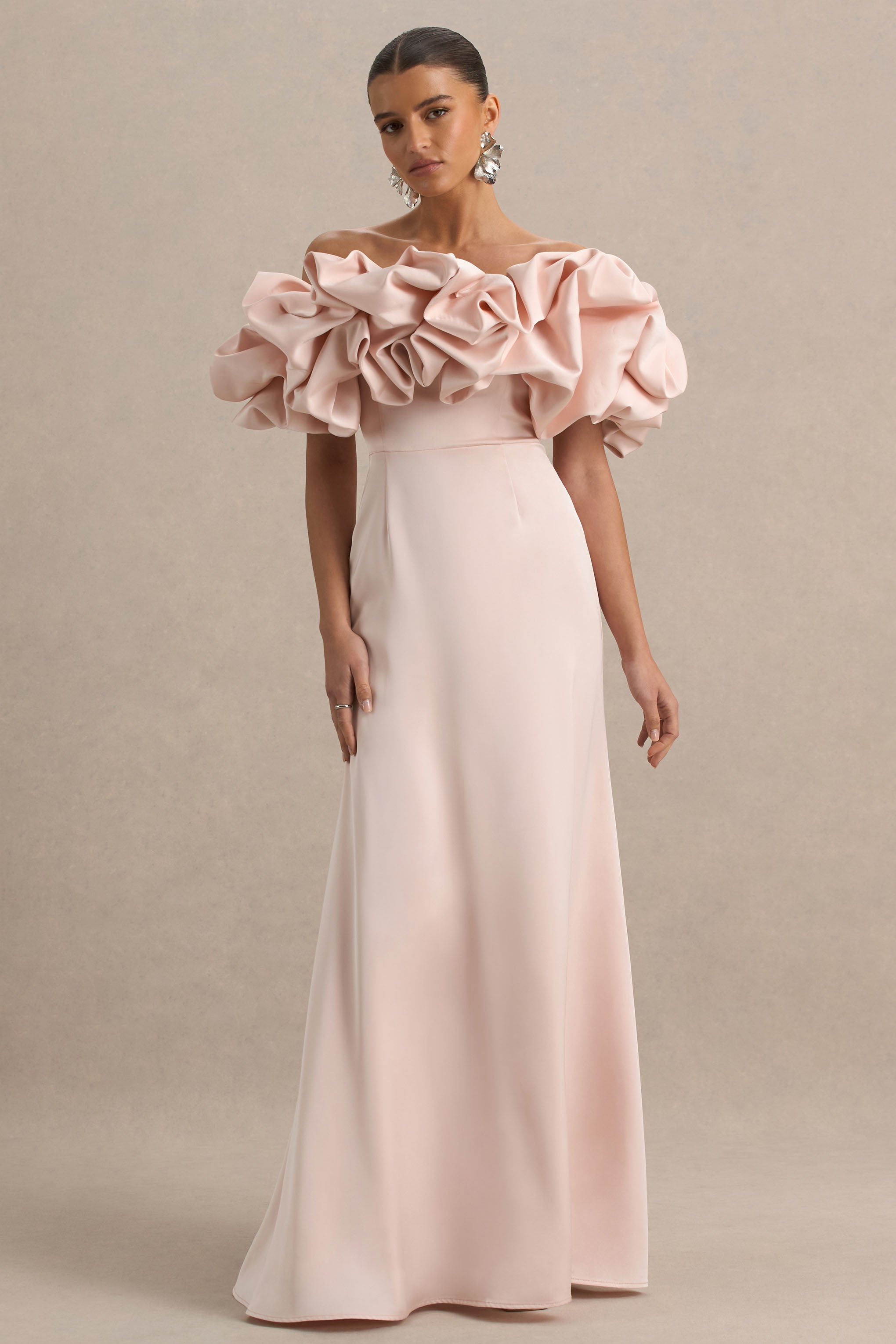 Allie | Pale Pink Puff Bardot Maxi Dress