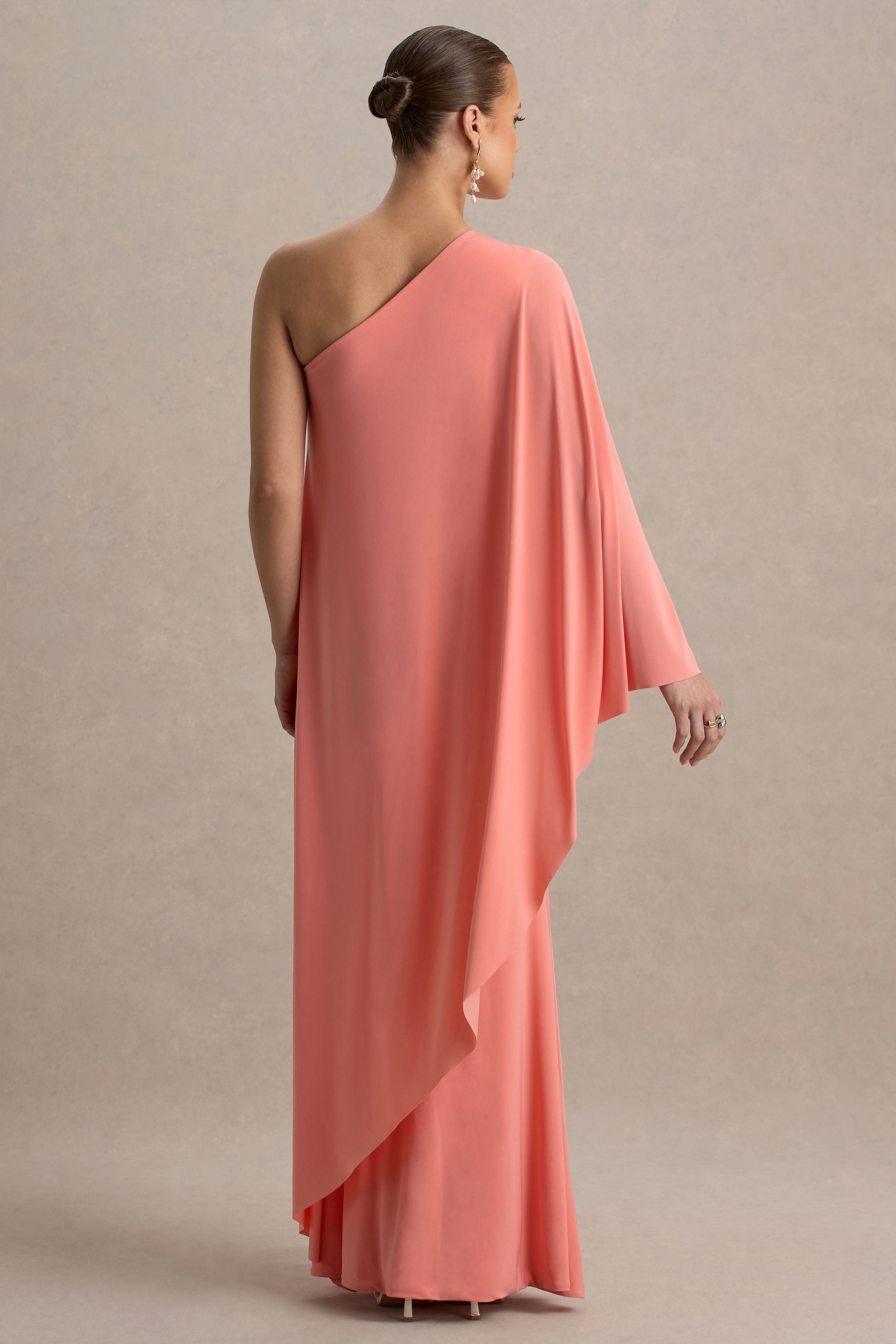 Waves | Coral Asymmetric Maternity Maxi Dress With One-Sleeve Cape