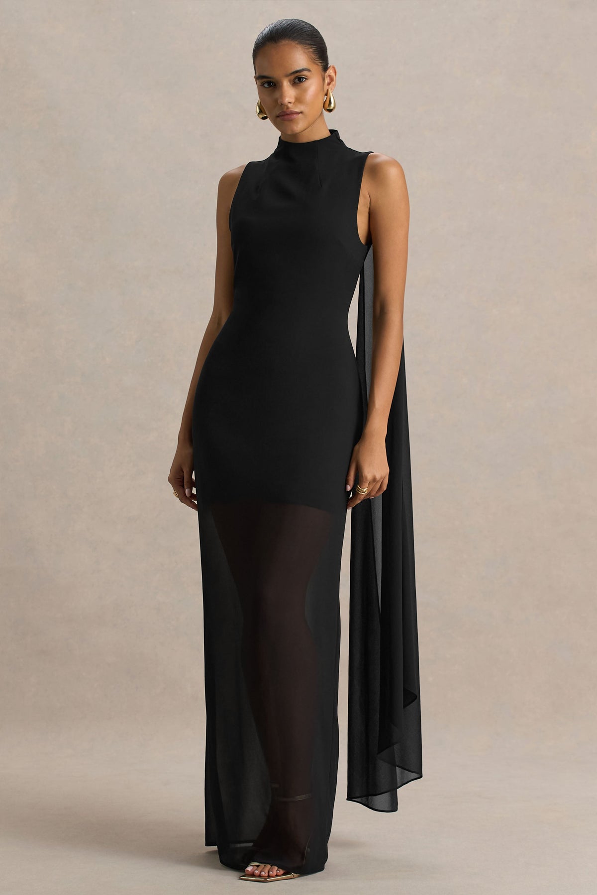 Unpredictable | Black High-Neck Maxi Dress With Back Cape Detail