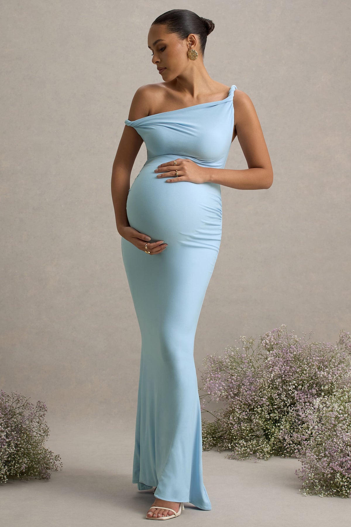 Lita | Powder Blue Twisted Asymmetric Maternity Maxi Dress