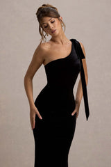 Jillian | Black Velvet Asymmetric Maxi Dress With Bow Strap