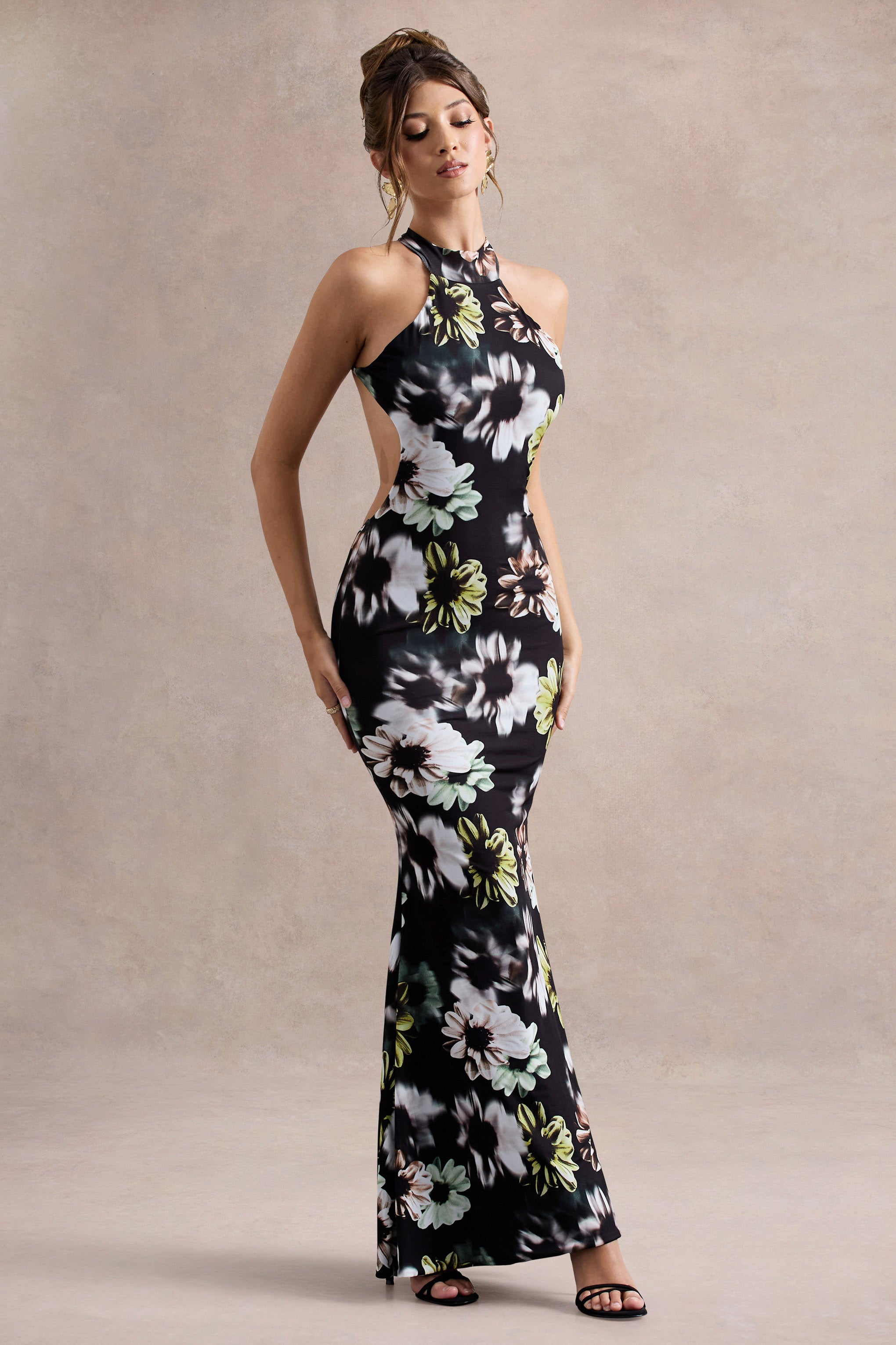 Tuscany | Black Floral Print Halter-Neck Split Maxi Dress
