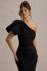 Vittoria | Black Asymmetric Puff-Sleeve Split Maxi Dress