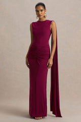 Premiere | Burgundy Boat-Neck Maxi Dress With Open-Back And Cape-Sleeves