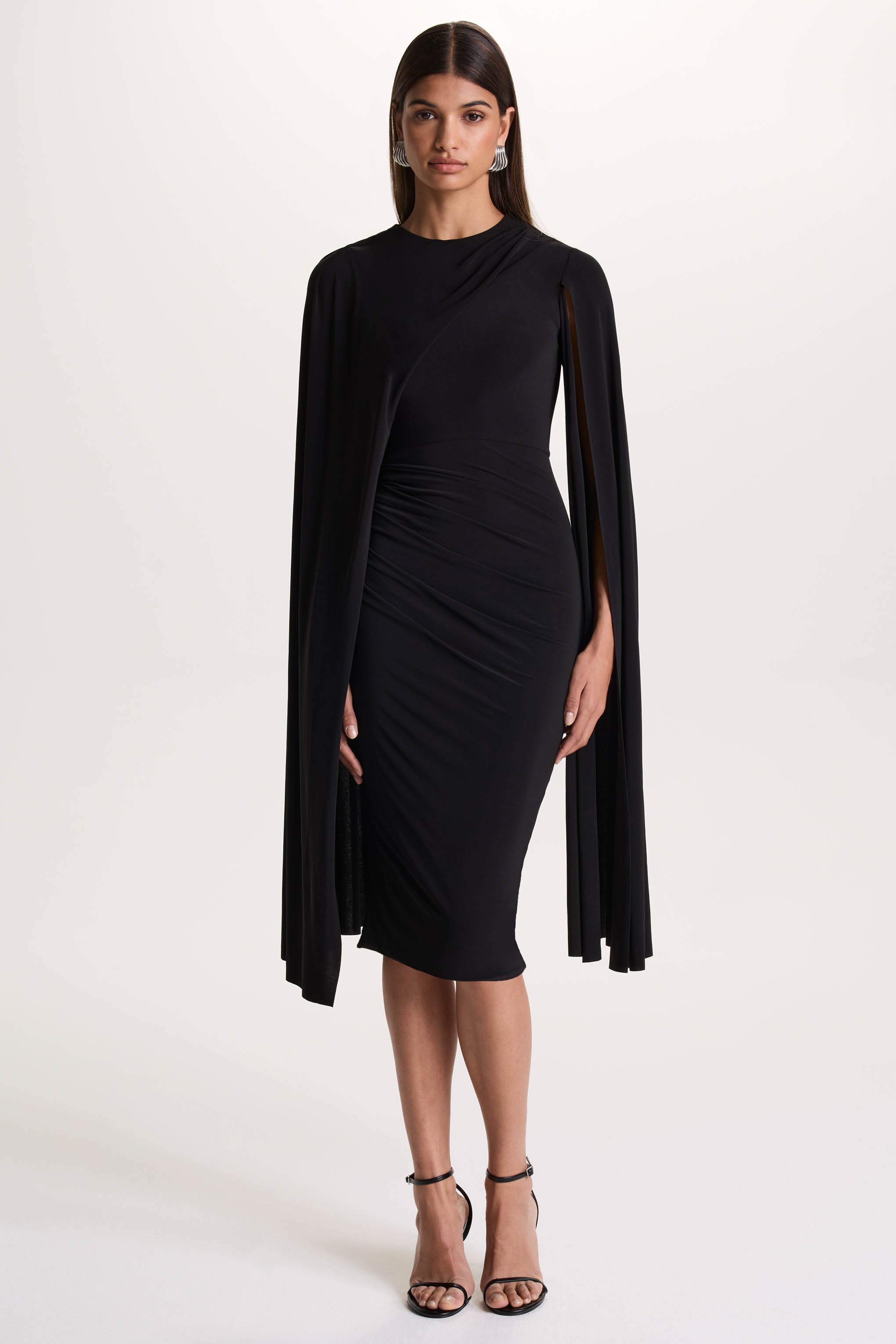 Marysol | Black Asymmetric Cape Midi Dress