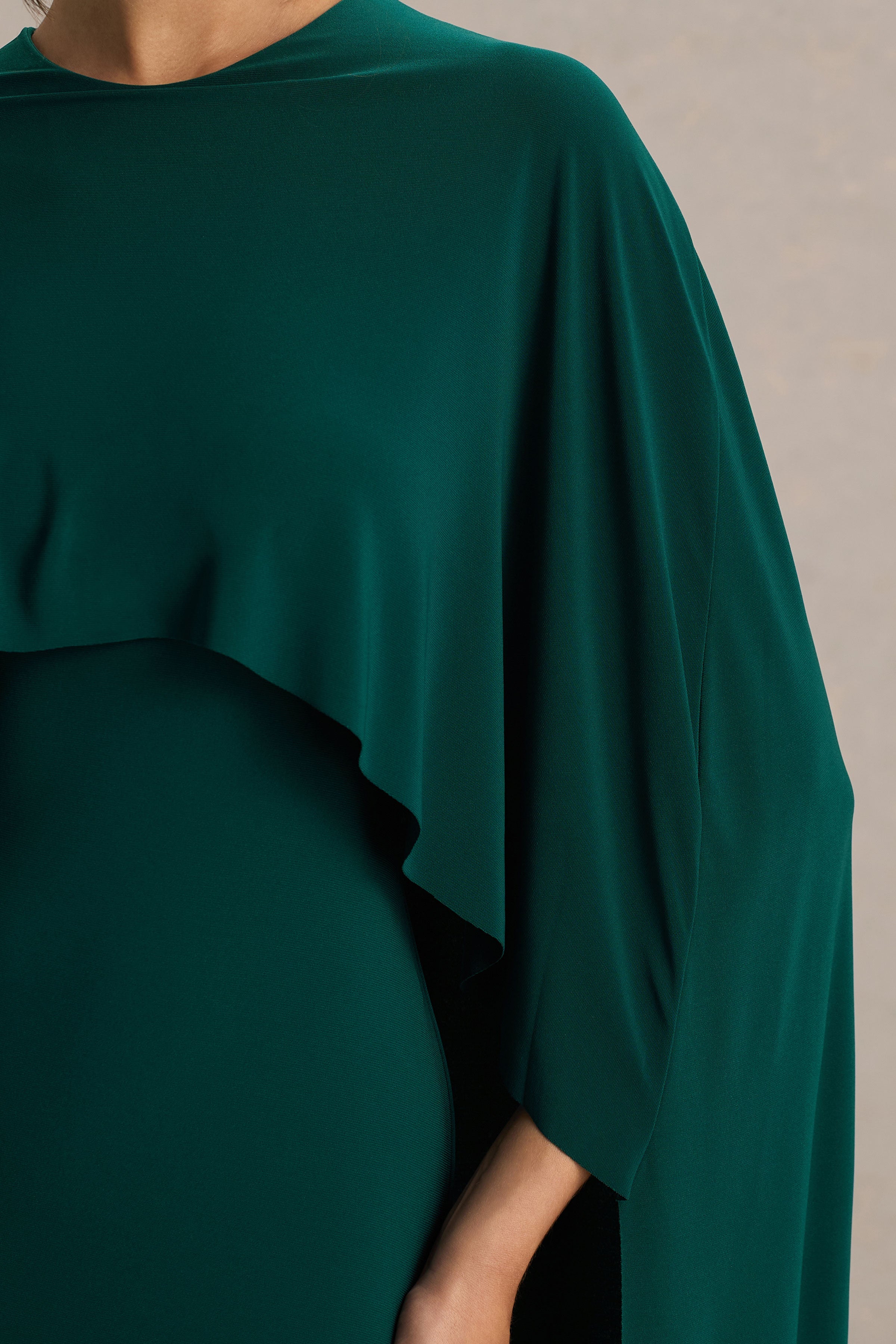 Padma | Bottle Green Draped Maxi Dress With Cape Sleeves