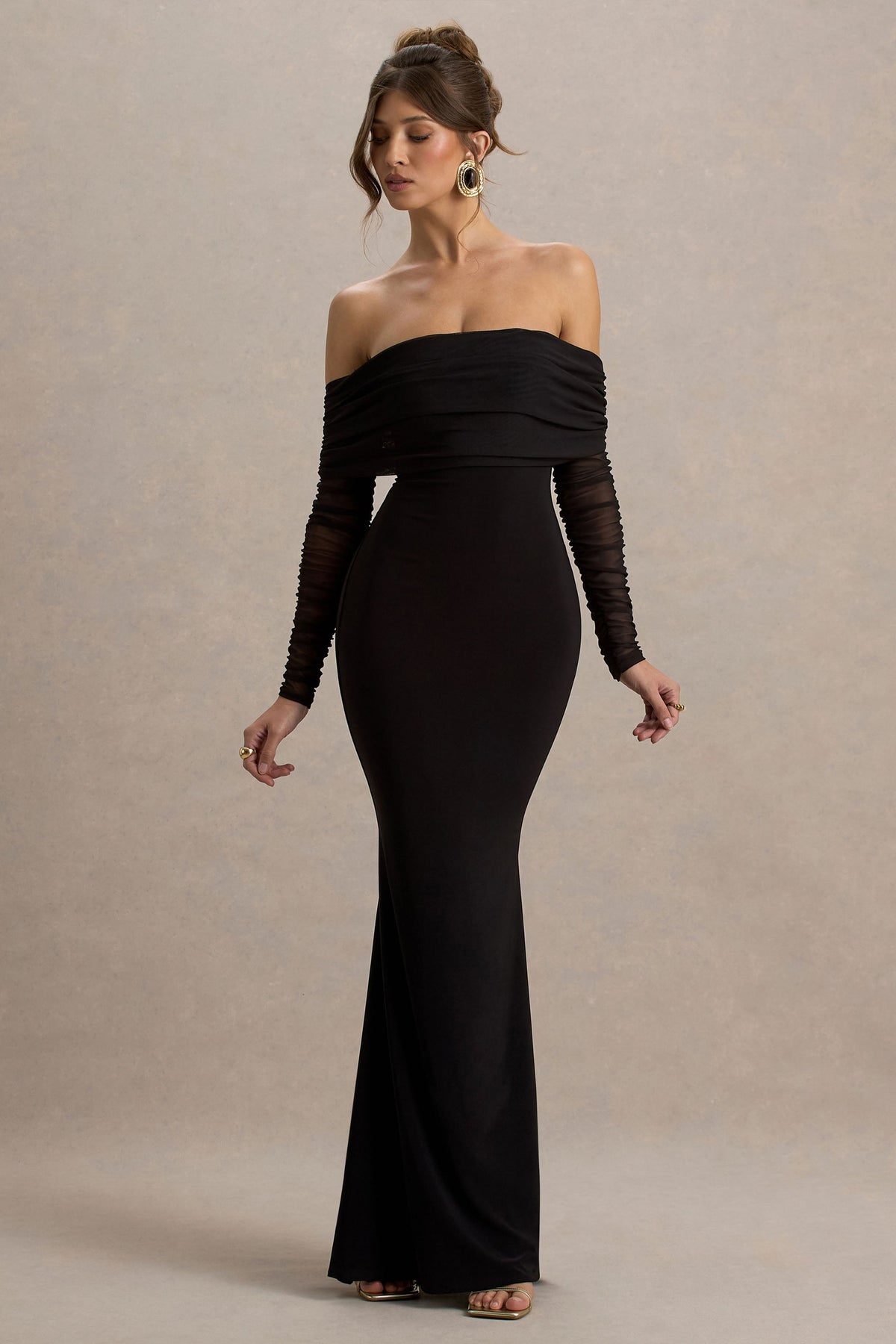 Madeleine | Black Fishtail Maxi Dress With Bardot Mesh Long Sleeves