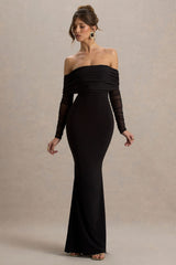 Madeleine | Black Fishtail Maxi Dress With Bardot Mesh Long Sleeves