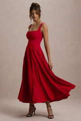 Parina | Red Strappy Volume-Hem Midi Dress