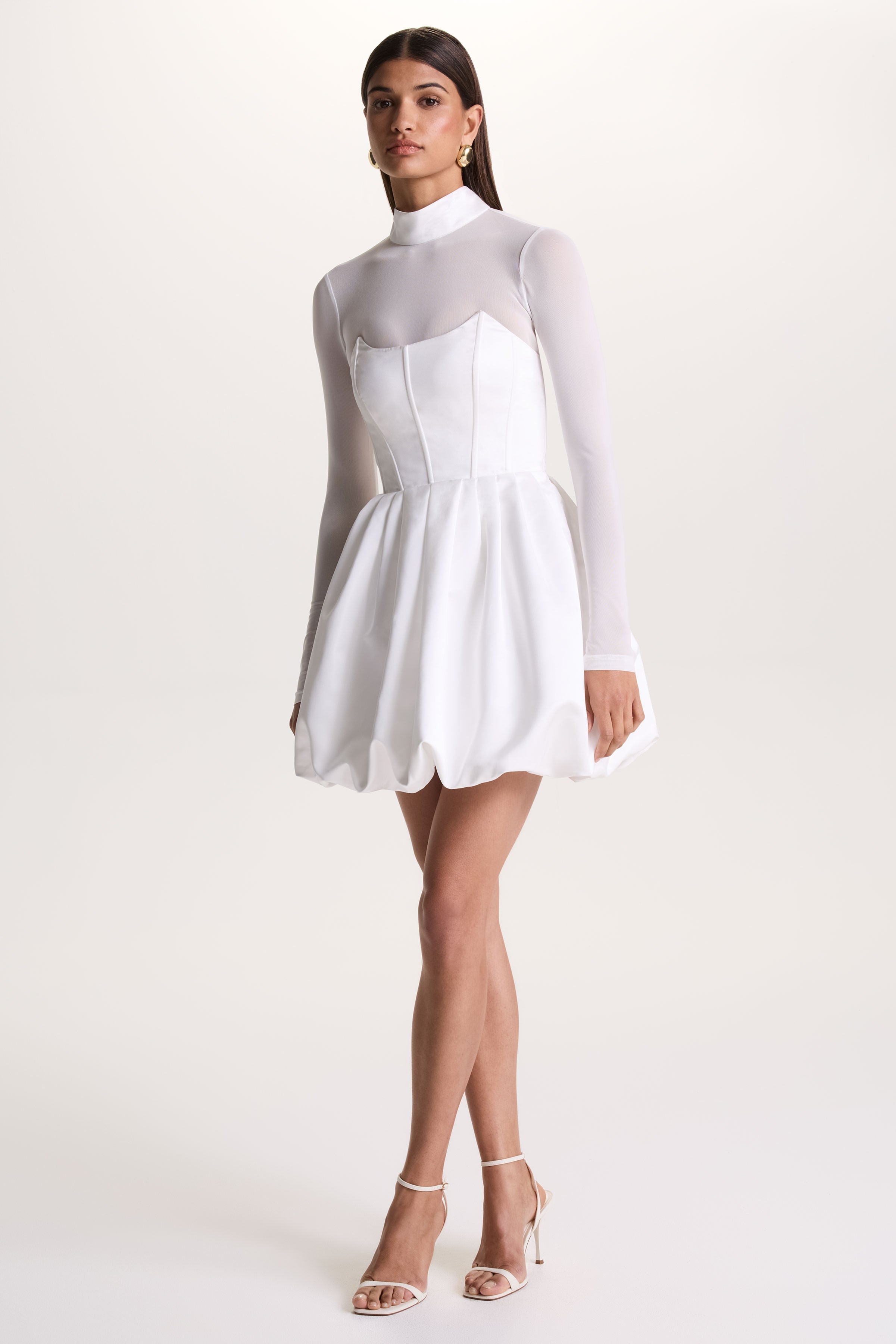 Tinkerbell | White Satin Long-Sleeve Puffball Mini Dress