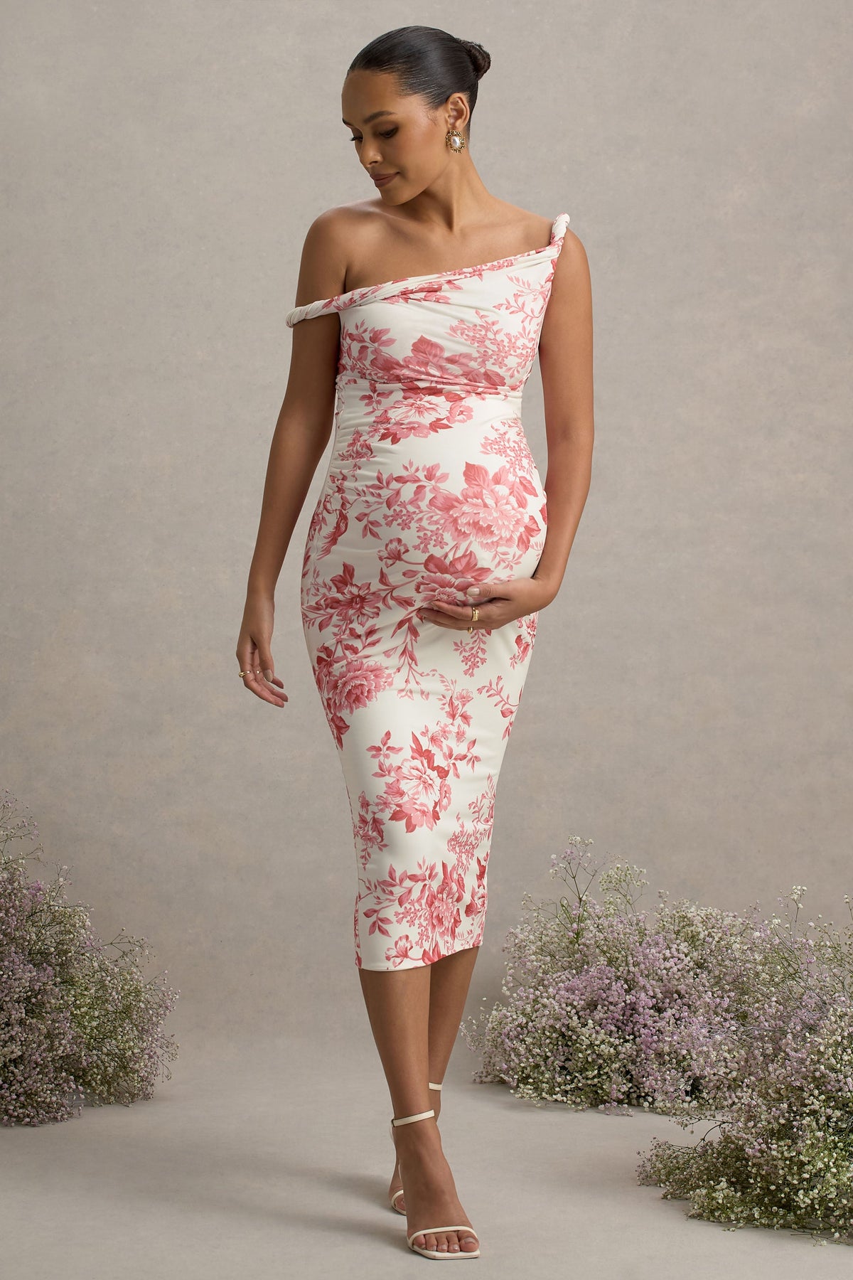 Salome | Pink Floral Print Twisted Asymmetric Maternity Midi Dress