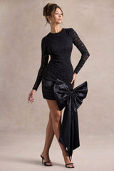Evry | Black Lace Long-Sleeve Mini Dress With Oversized Satin Bow
