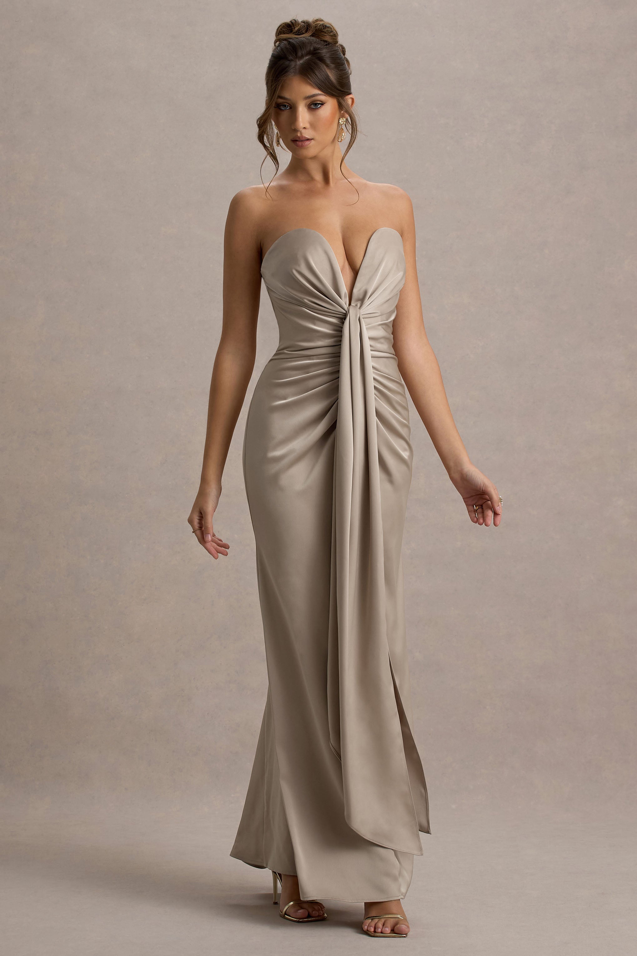 Mackenzie | Champagne Satin Plunge-Neck Draped Maxi Dress