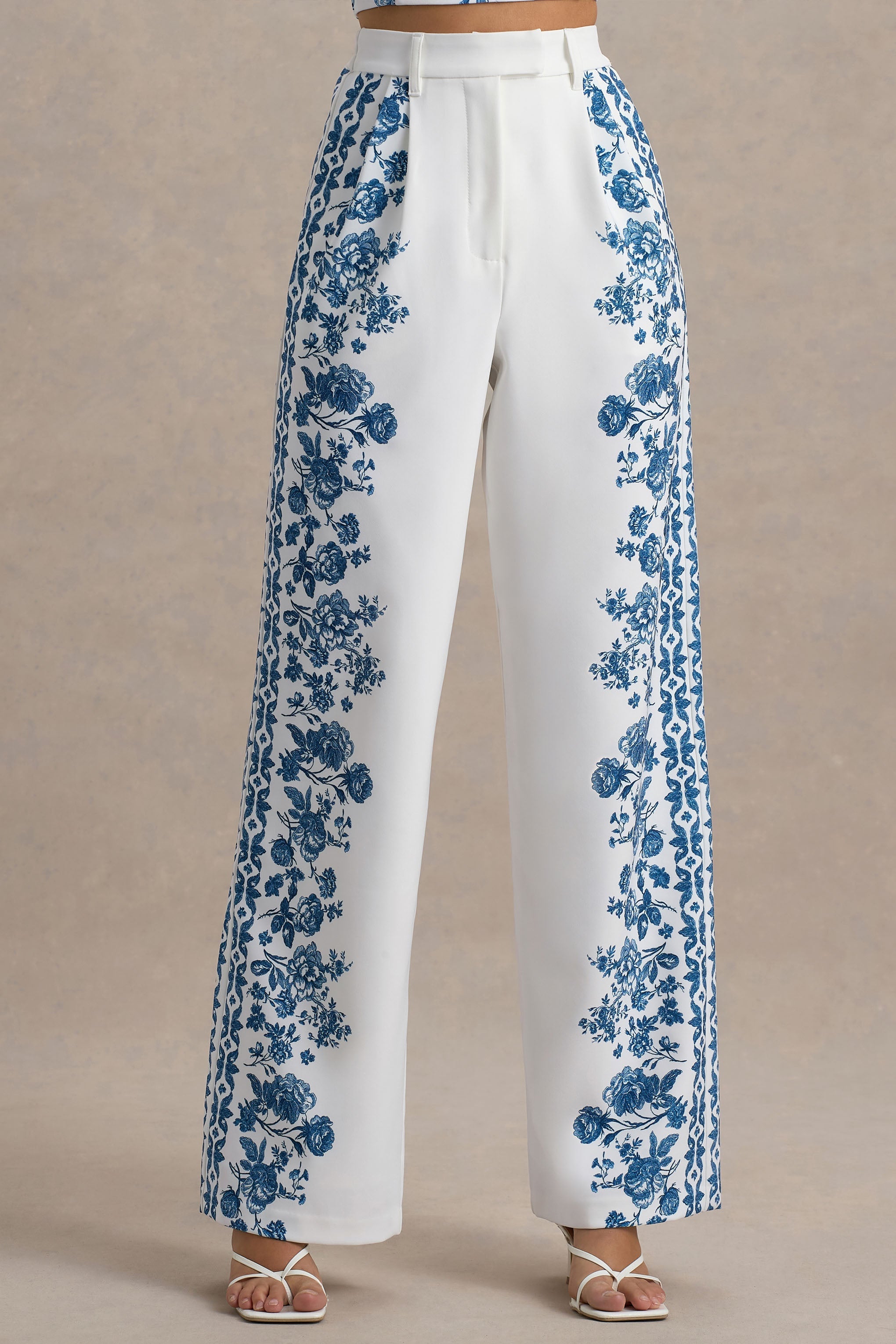Zelie | Blue Porcelain Print Wide-Leg Trousers