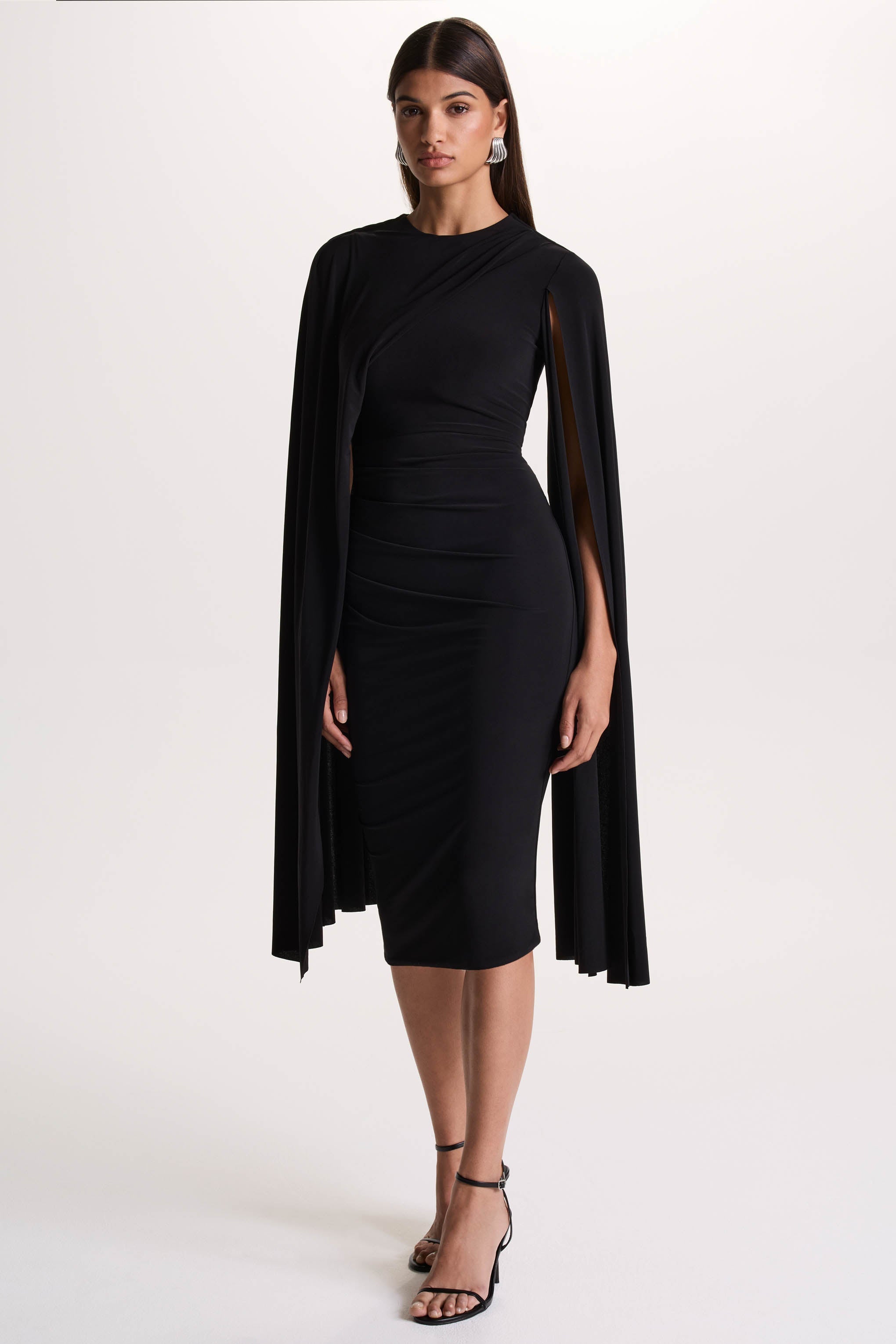 Marysol | Black Asymmetric Cape Midi Dress