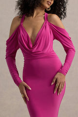 Hurghada | Hot Pink Plunge-Neck Long-Sleeve Maxi Dress