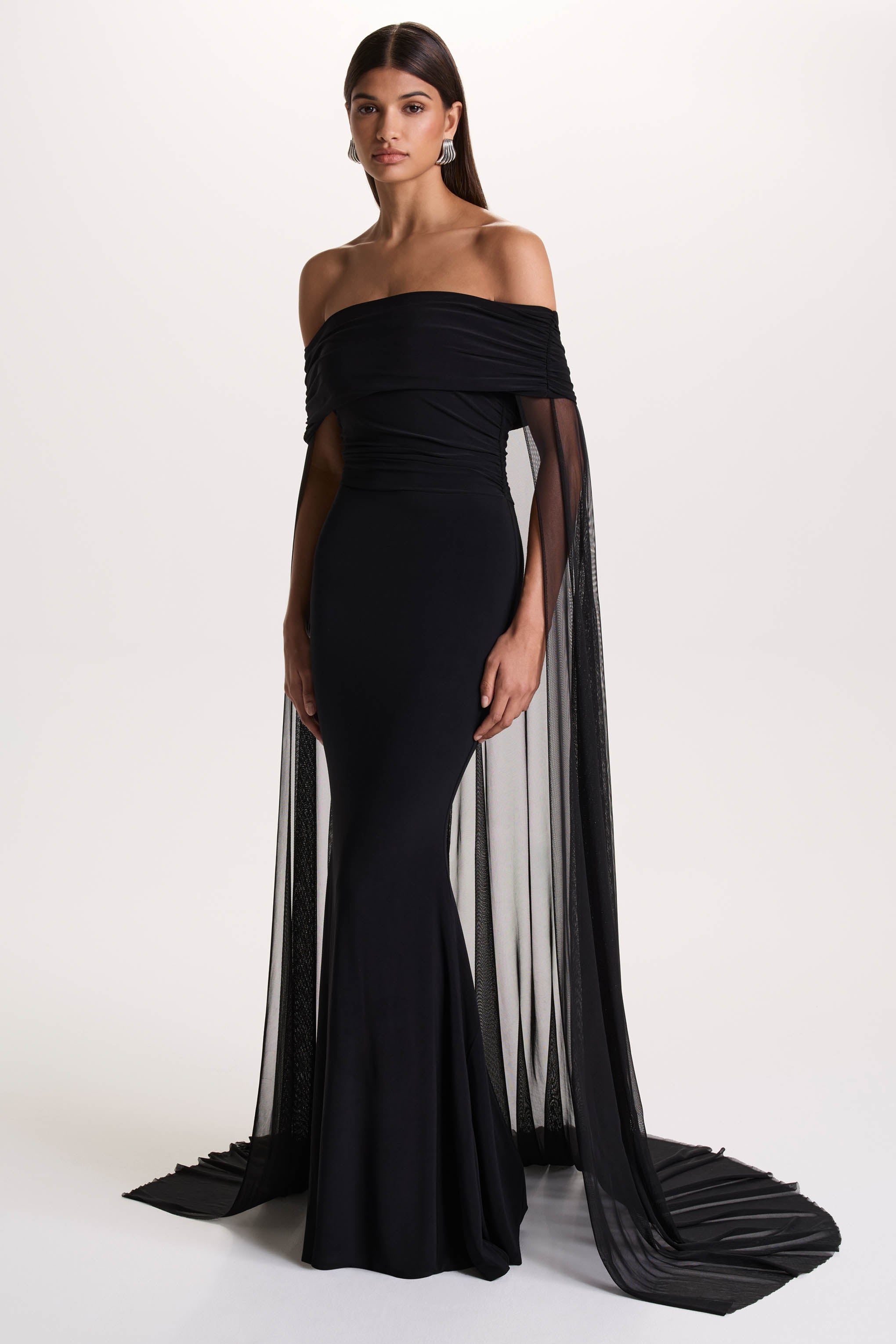 Carlotta | Black Bardot Maxi Dress With Chiffon Cape