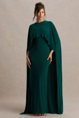 Padma | Bottle Green Draped Maxi Dress With Cape Sleeves