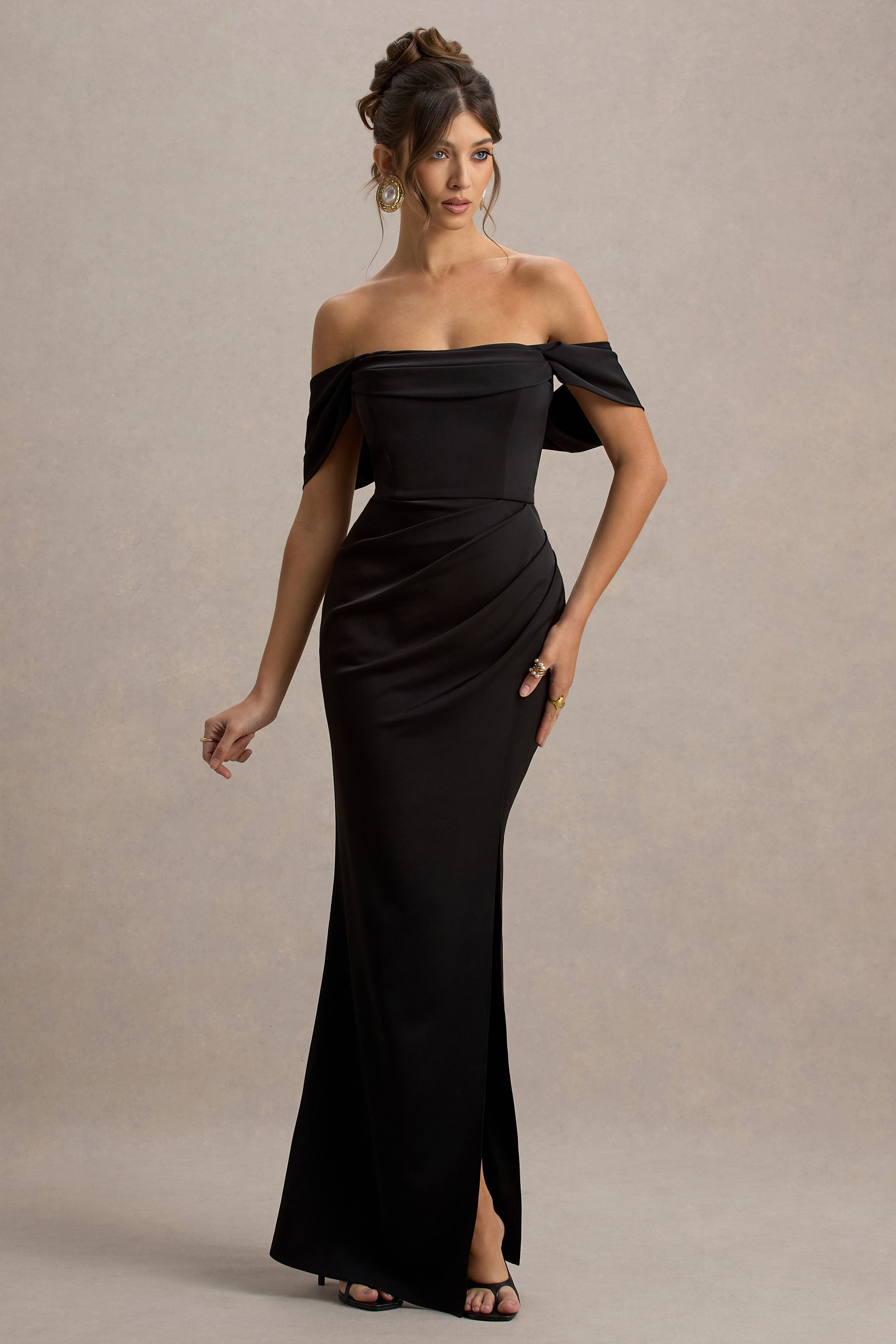 Annie | Black Satin Bardot Maxi Dress With Split Wrap Skirt