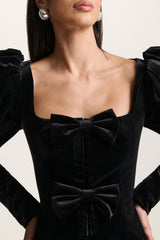 Suzu | Black Velvet Puff-Sleeve Top With Bows
