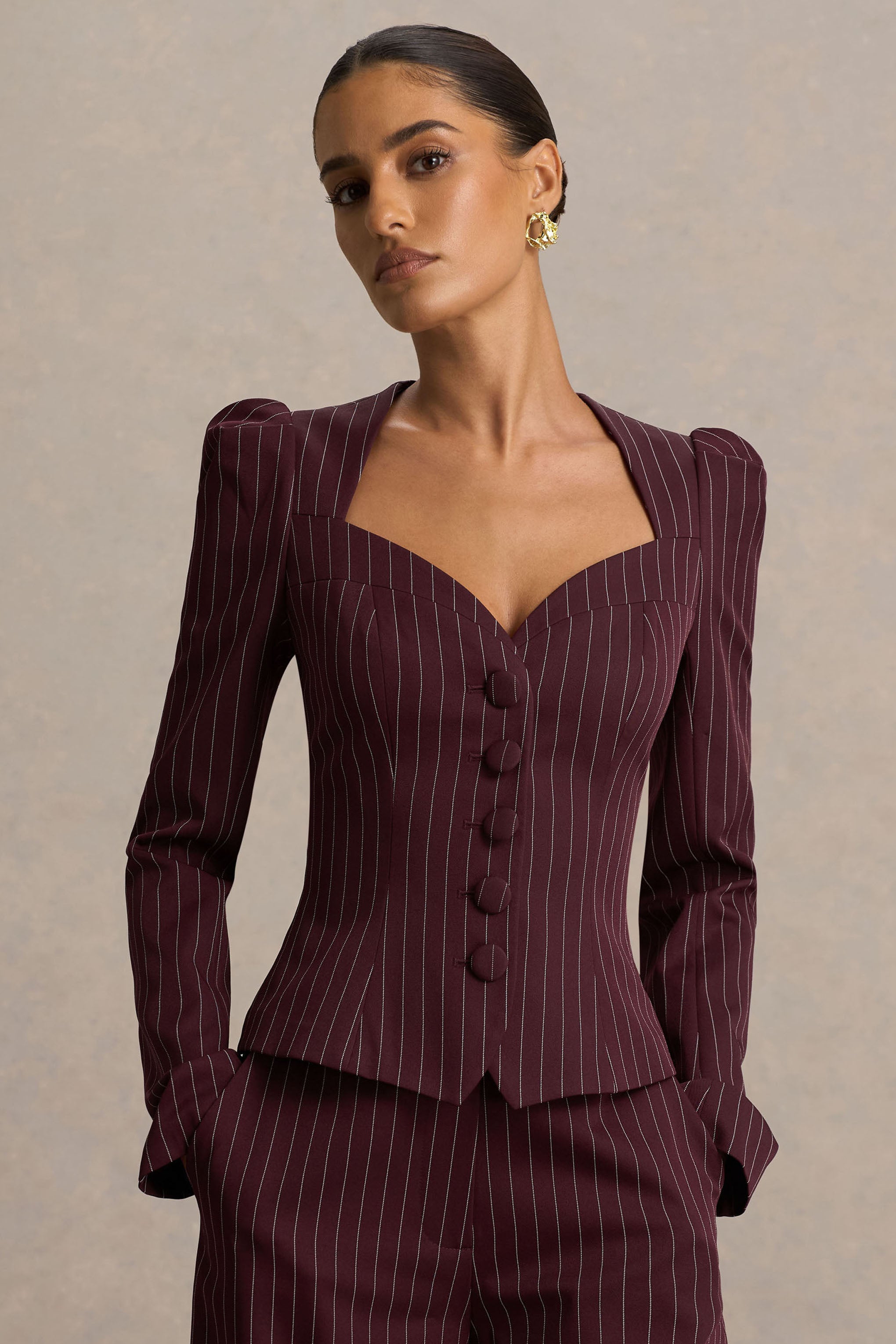 Lana | Burgundy Pinstripe Woven Sweetheart-Neck Tailored Top